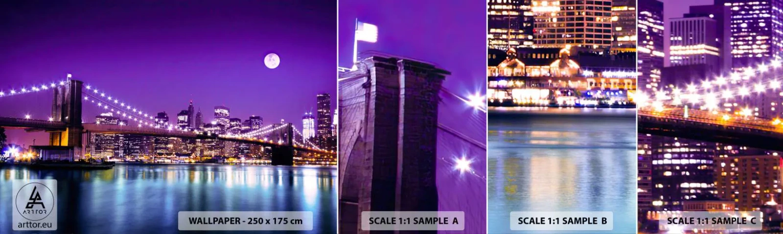 Échantillon de Papier Peint Autocollant Deluxe Sticker - Lumières de grande ville en violet - Ville, New York, le pont de Brooklyn - 100x30 cm