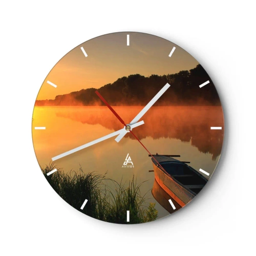 Horloge murale - Pendule murale - Un bateau sur un lac le matin entouré de brouillard - 30x30cm - Lever du soleil sur l'eau comme un miroir - Décoration murale moderne pour le salon, la cuisine et la chambre ARTTOR