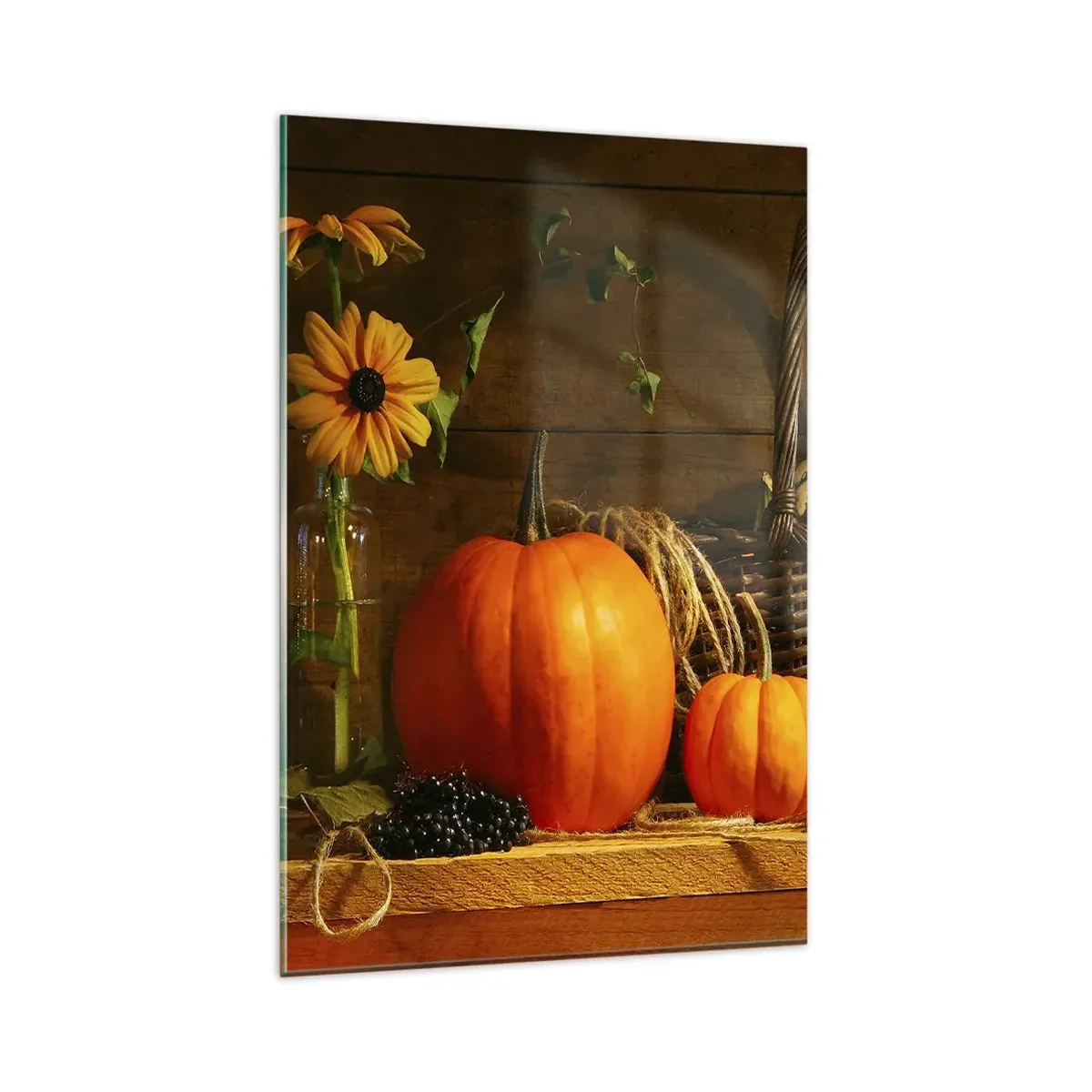 Impression sur verre - Image sur verre - Composition d'automne avec citrouilles et fleurs sur fond de bois - 80x120cm - Une composition rustique - cadeaux d'automne - Décoration murale moderne pour le salon et la chambre ARTTOR