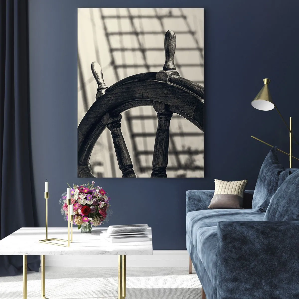 Impression sur verre - Image sur verre - Roue de navire nautique noire et blanche - 50x70cm - Histoires de mer - Décoration murale moderne pour le salon et la chambre ARTTOR