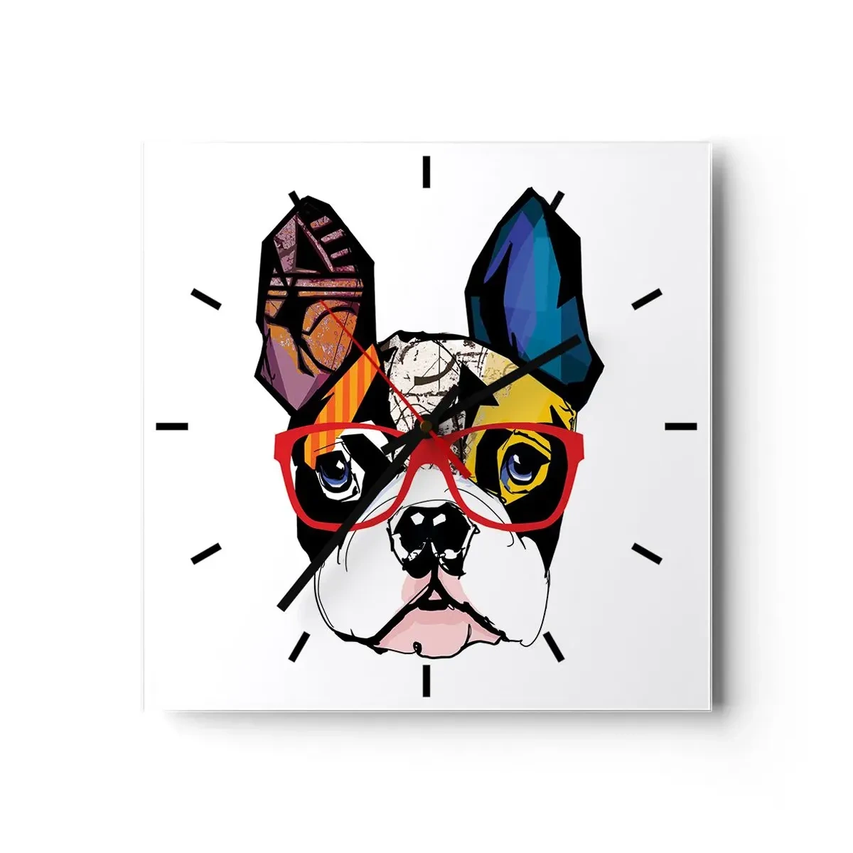Horloge murale - Pendule murale - Bouledogue dans une illustration colorée avec des lunettes rouges - 30x30cm - Intellectuel - Décoration murale moderne pour le salon et la chambre ARTTOR