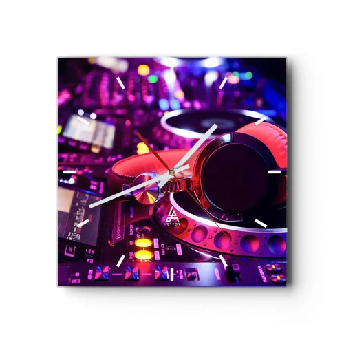 Horloge murale - Pendule murale - Casque DJ sur une console avec éclairage néon - 30x30cm - Avant que le plaisir ne commence - Décoration murale moderne pour le salon et la chambre ARTTOR