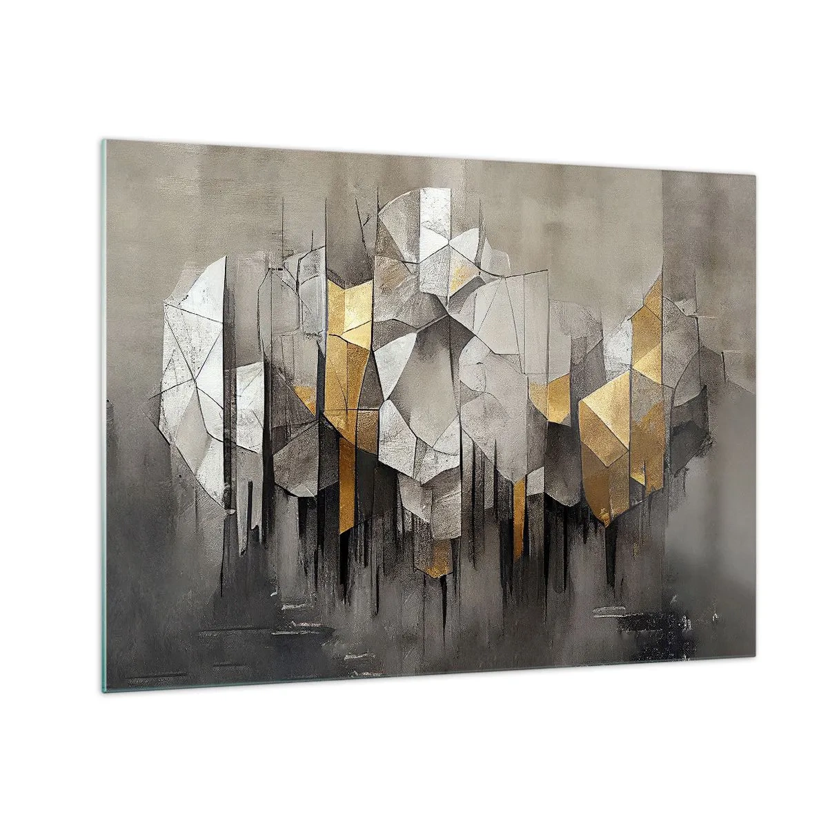 Impression sur verre - Image sur verre - Formes abstraites dans des tons de gris, blanc et or - 70x50cm - Composition de glace et de lumière - Décoration murale moderne pour le salon et la chambre ARTTOR