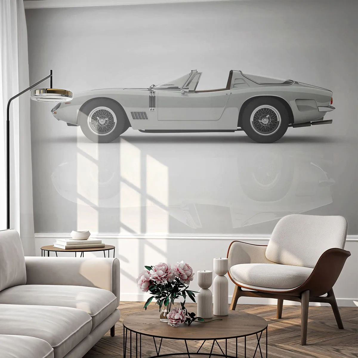 Papier Peint Photo Premium Sand - Cabriolet rétro classique sur fond blanc - 100x70cm - Promesse de plaisir - Décoration murale moderne pour le salon et la chambre ARTTOR