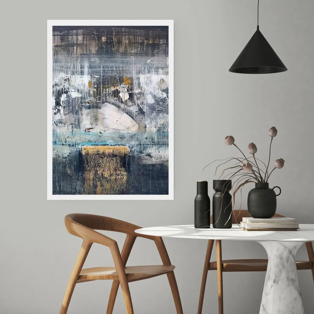 Affiche - Poster - Une composition abstraite dans des tons de gris et d'or. - 50x70cm - Comme sur la glace, comme après décembre - Décoration murale moderne pour le salon et la chambre ARTTOR