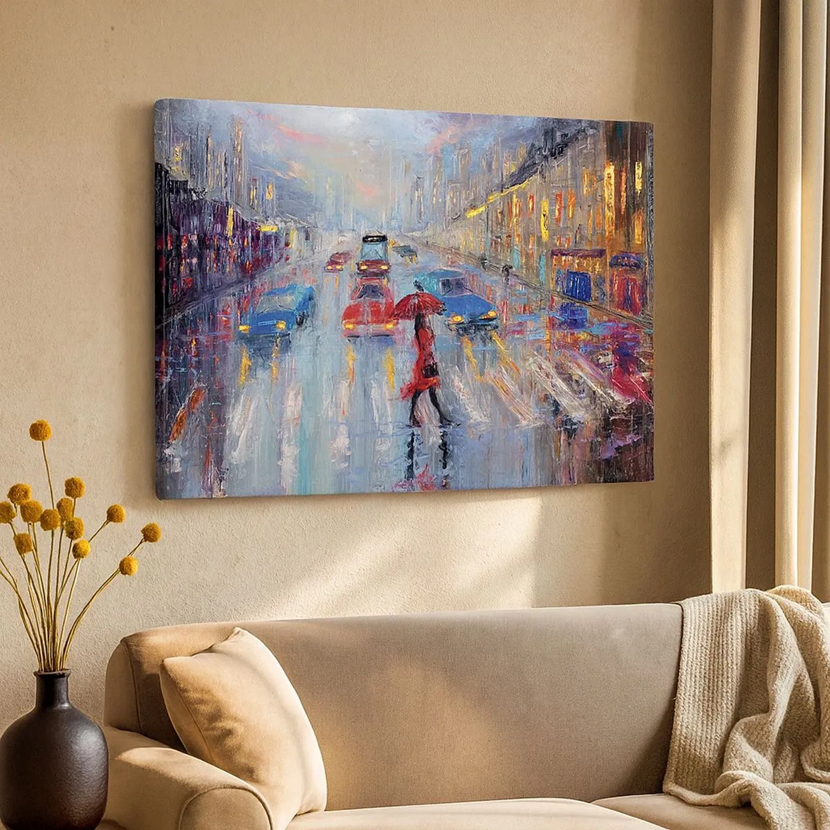 Impression sur toile - Image sur toile - Une femme avec un parapluie dans une rue pluvieuse à la lumière du néon. - 70x50cm - Après-midi pluvieux en ville - Décoration murale moderne pour le salon et la chambre ARTTOR