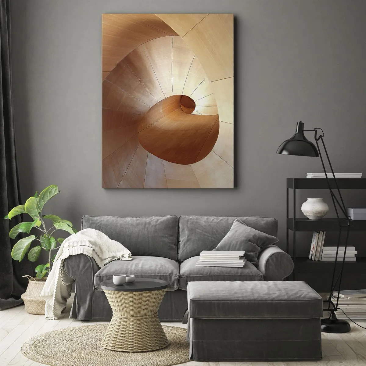 Impression sur toile - Image sur toile - Spirale abstraite dans les tons bois et marron clair - 80x120cm - Serpentin architectural - Décoration murale moderne pour le salon et la chambre ARTTOR