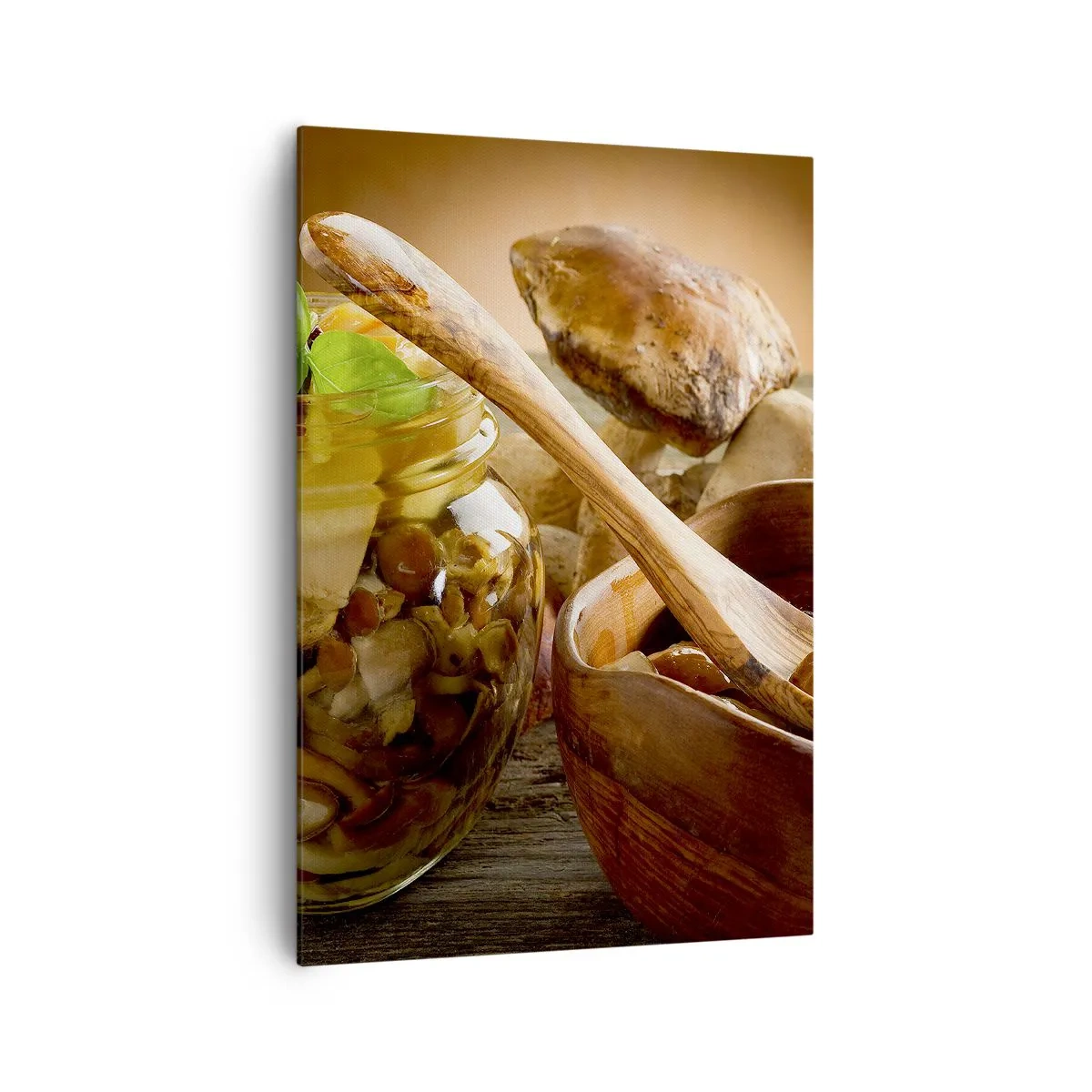 Impression sur toile - Image sur toile - Champignons naturels dans un bocal sur une table rustique - 70x100cm - Que ce soit frais ou salé, ou en automne... - Décoration murale moderne pour le salon et la chambre ARTTOR