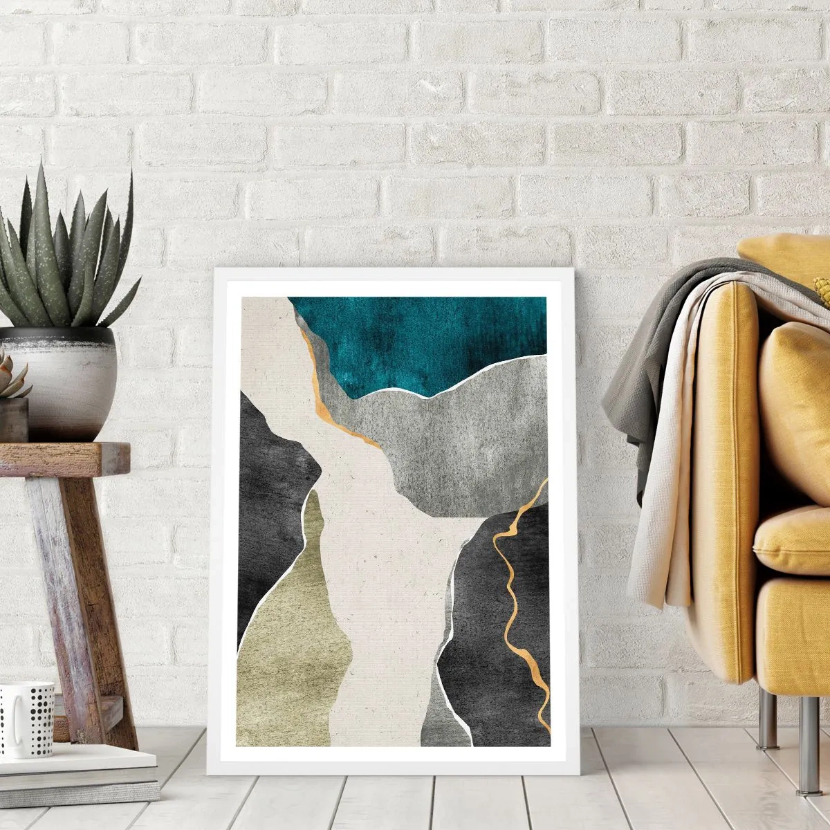 Affiche dans un cadre blanc - Poster - Composition mosaïque avec un fil d'or - 61x91 cm