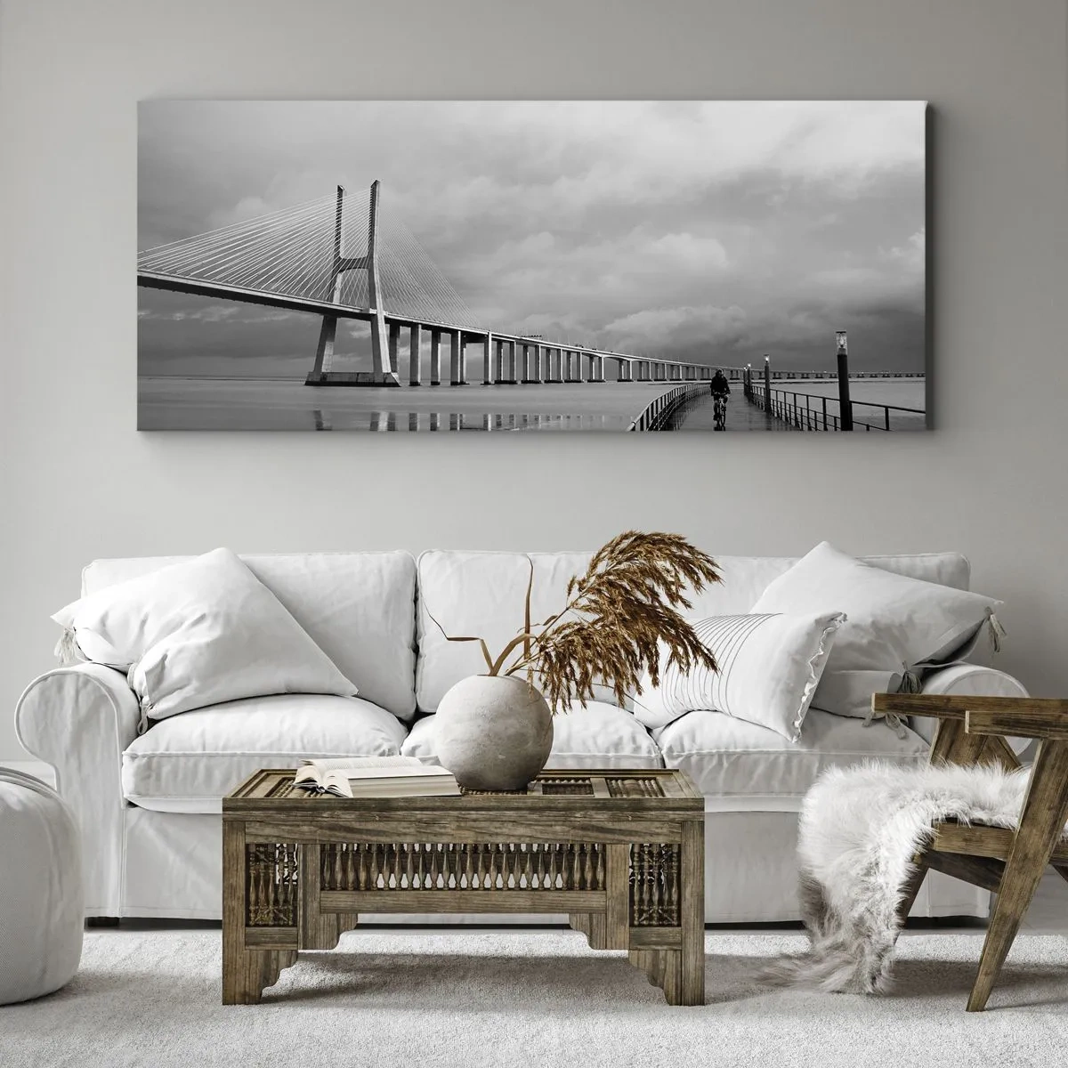 Impression sur toile - Image sur toile - Un pont suspendu au-dessus de l'eau en noir et blanc - 160x50cm - A tous ceux qui lui sont important - Décoration murale moderne pour le salon et la chambre ARTTOR