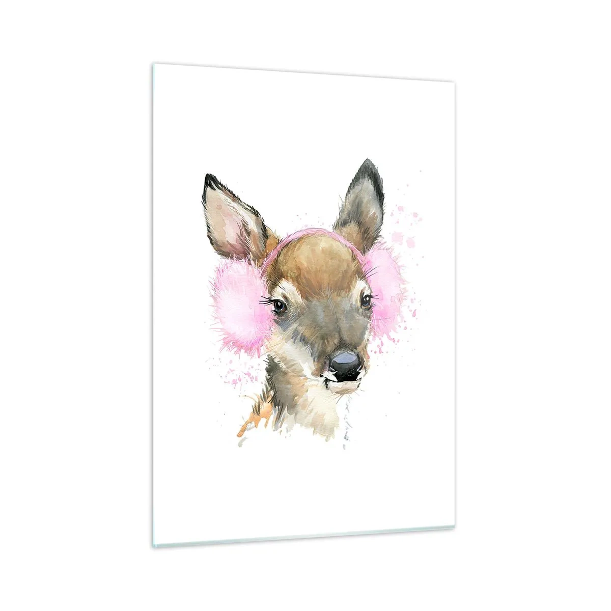 Impression sur verre - Image sur verre - Un cerf avec des cache-oreilles en fourrure rose - 50x70cm - Et le gel n'effraie plus - Décoration murale moderne pour le salon et la chambre ARTTOR