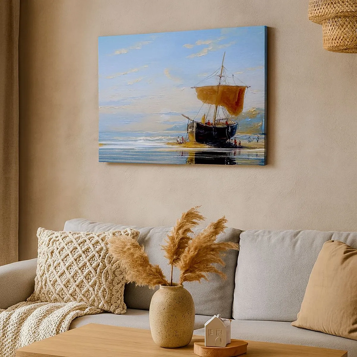 Impression sur toile - Image sur toile - Un bateau au bord de la mer par une journée ensoleillée - 70x50cm - Eau, terre, air - Décoration murale moderne pour le salon et la chambre ARTTOR
