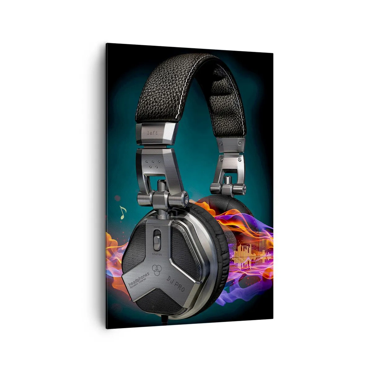 Impression sur toile - Image sur toile - Casque noir avec effet de visualisation musicale colorée - 80x120cm - Dans le feu de la musique - Décoration murale moderne pour le salon et la chambre ARTTOR