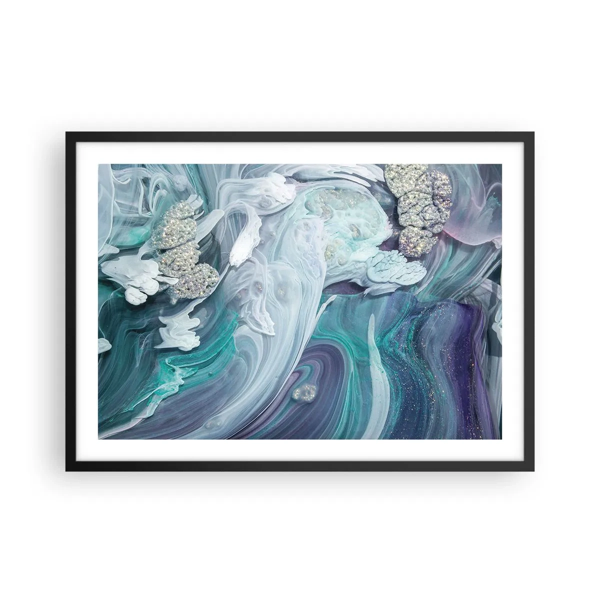 Affiche dans un cadre noir - Poster - Tourbillons abstraits dans des tons de bleu et de blanc - 70x50cm - Courants bleus - Décoration murale moderne pour le salon et la chambre ARTTOR