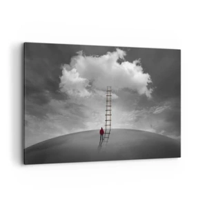 Impression sur toile - Image sur toile - Une personne portant un manteau rouge et une échelle menant à un nuage - 100x70cm - Tout est possible - Décoration murale moderne pour le salon et la chambre ARTTOR