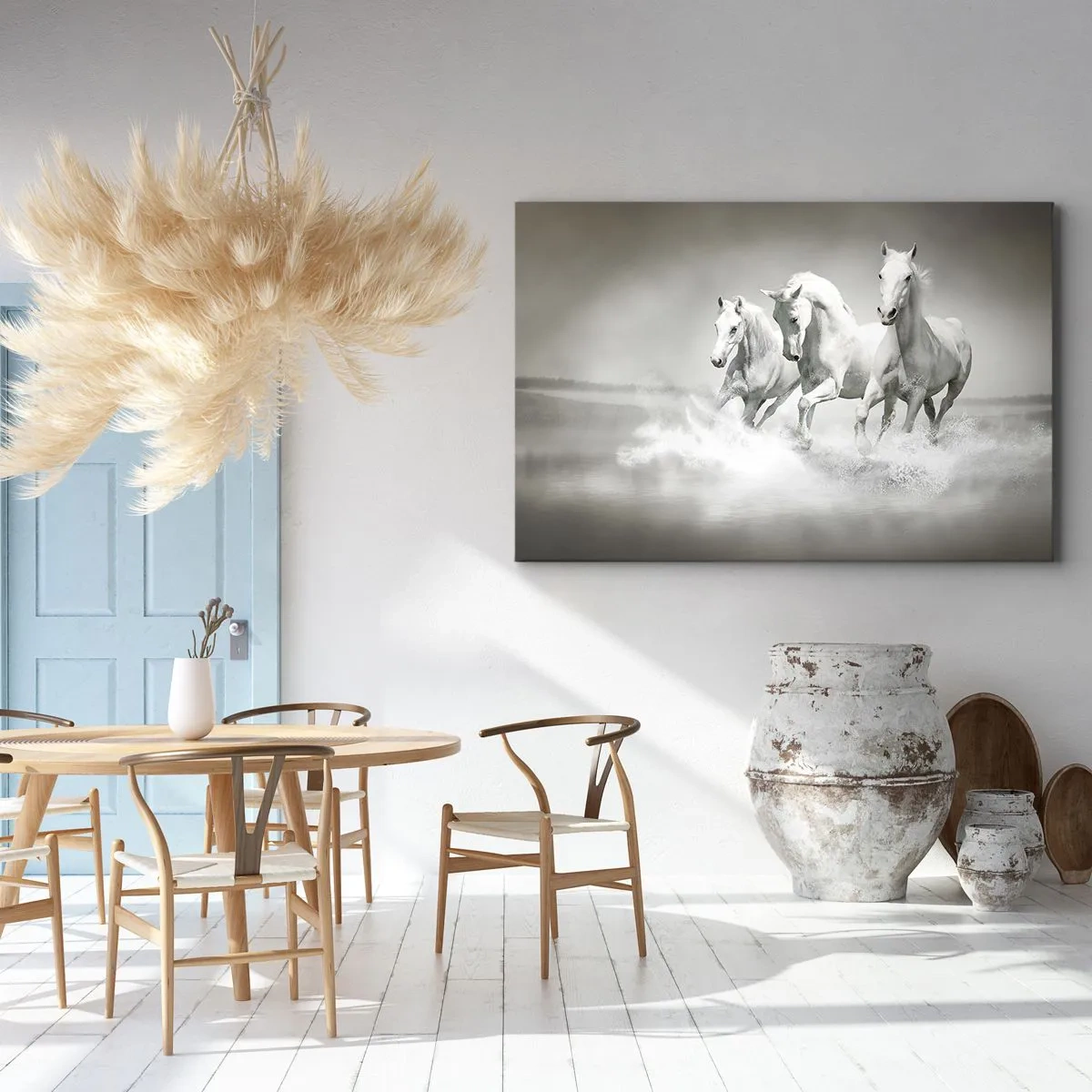 Impression sur toile - Image sur toile - Trois chevaux blancs galopant dans l'eau - 120x80cm - La folie blanche - Décoration murale moderne pour le salon et la chambre ARTTOR