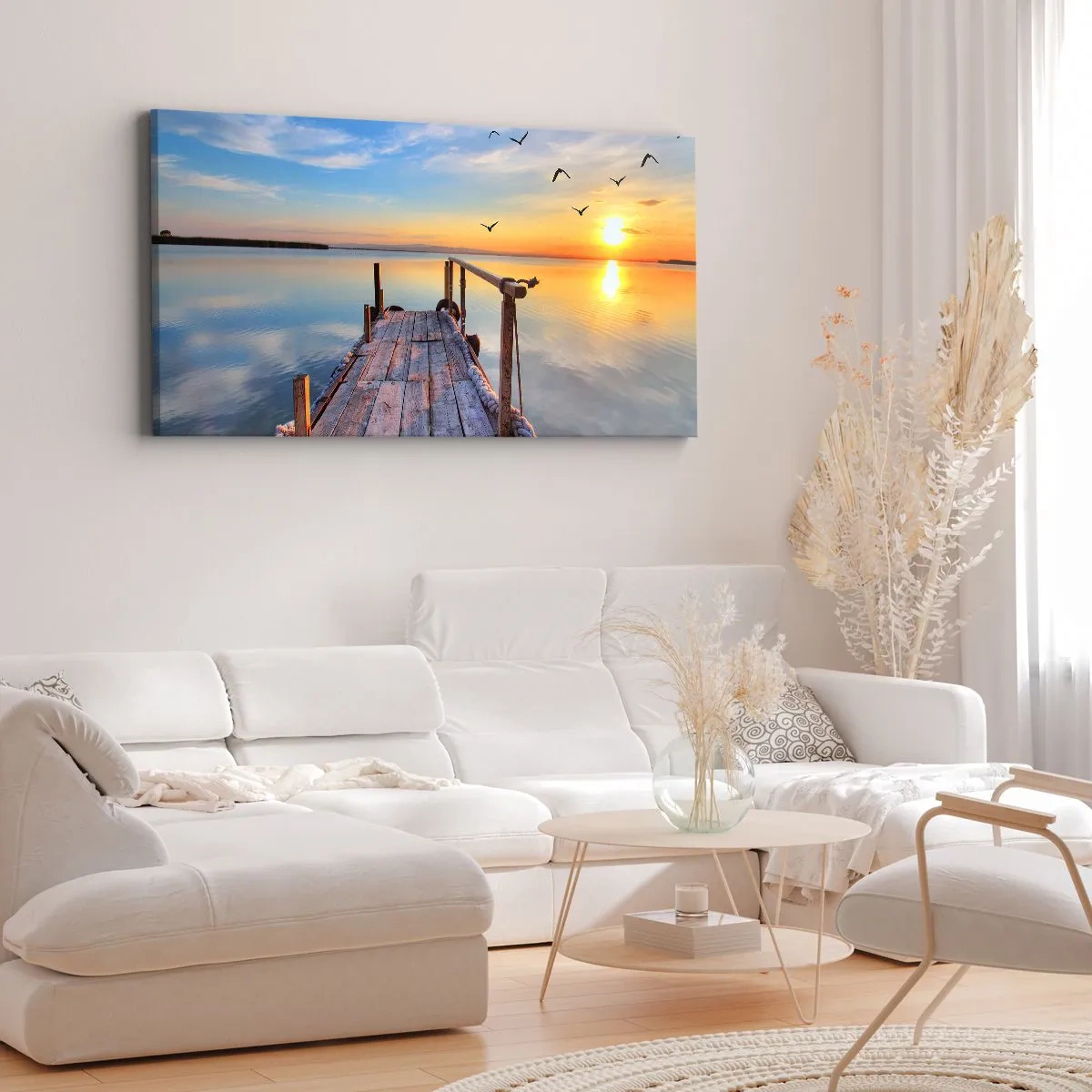 Impression sur toile - Image sur toile - Jetée en bois au coucher du soleil sur un lac calme - 160x50cm - Marcher droit vers le soleil - Décoration murale moderne pour le salon et la chambre ARTTOR