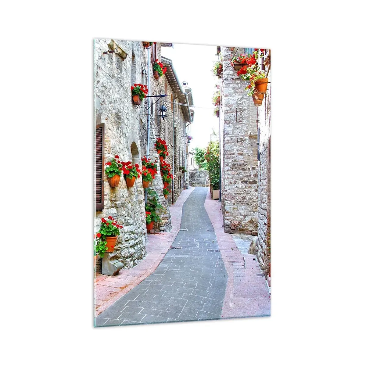Impression sur verre - Image sur verre - Une rue étroite avec des bâtiments en pierre décorés de pots de fleurs - 80x120cm - Ambiance italienne - Décoration murale moderne pour le salon et la chambre ARTTOR
