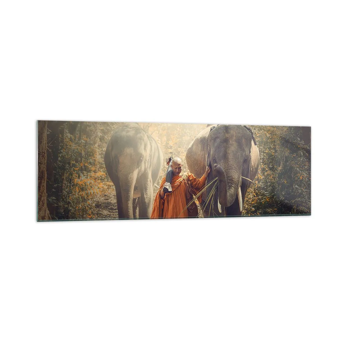 Impression sur verre - Image sur verre - Un moine en robe orange conduit un éléphant dans la forêt. - 160x50cm - Compréhension totale - Décoration murale moderne pour le salon et la chambre ARTTOR