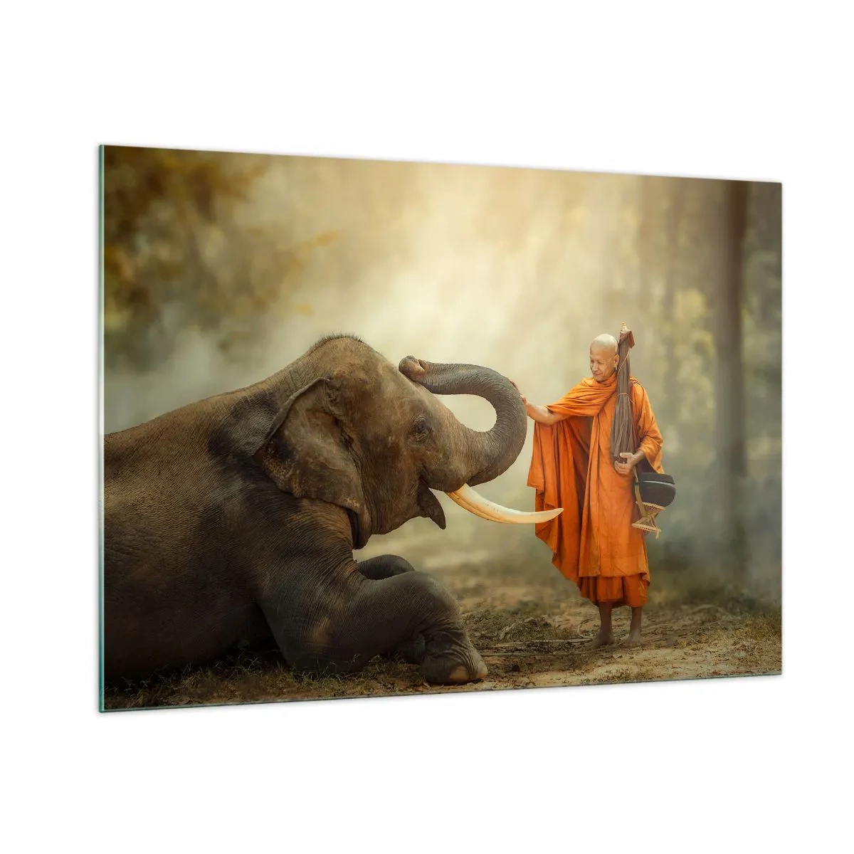 Impression sur verre - Image sur verre - Un moine en robe orange avec un éléphant dans un décor naturel - 100x70cm - Rencontre en voyageant - Décoration murale moderne pour le salon et la chambre ARTTOR