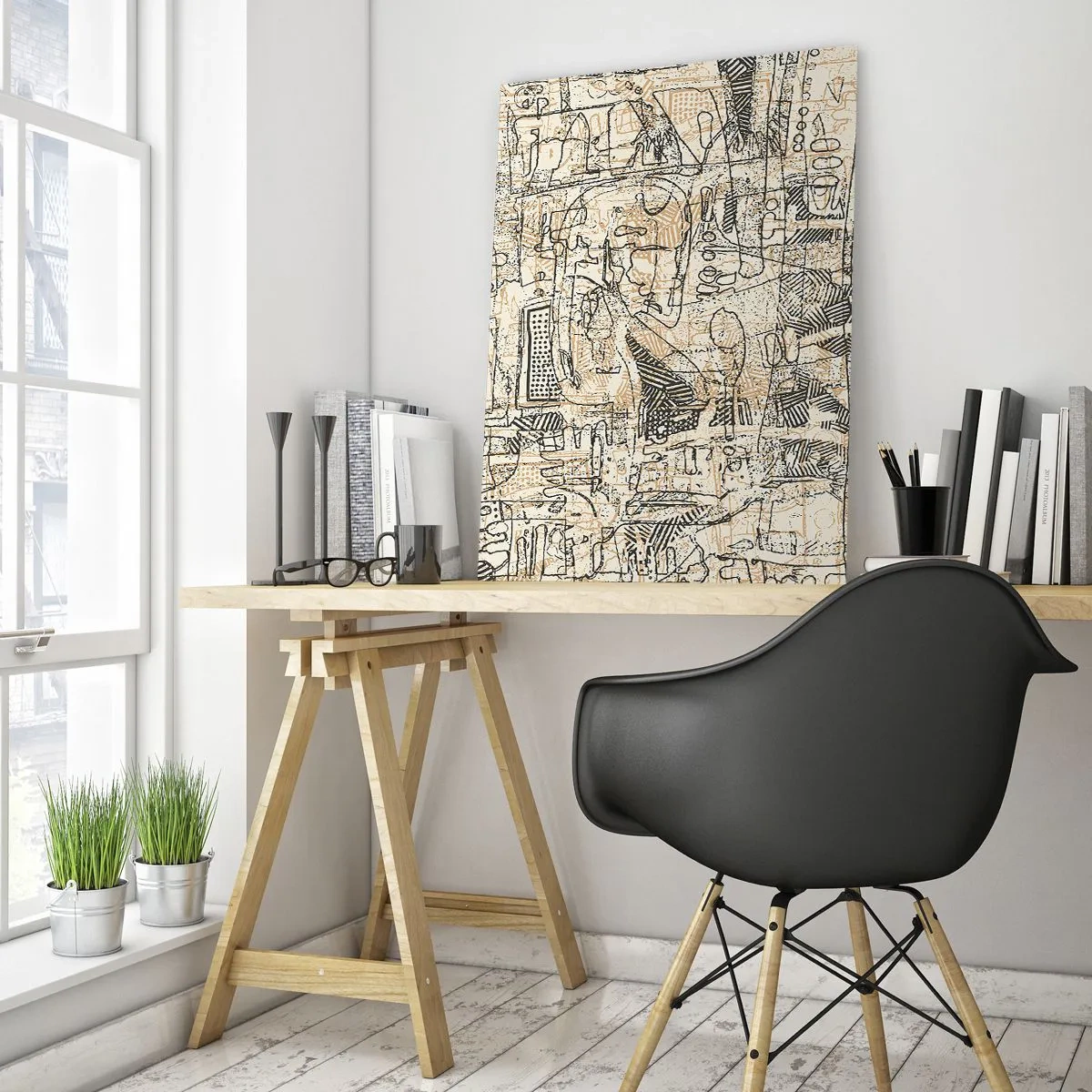 Impression sur verre - Image sur verre - Motifs abstraits et lignes sur fond beige - 80x120cm - Il attend d'être décodé - Décoration murale moderne pour le salon et la chambre ARTTOR