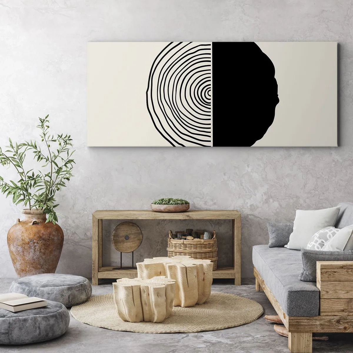 Impression sur toile - Image sur toile - Un motif abstrait en noir et blanc inspiré d'une coupe transversale de bois avec une division géométrique. - 140x50cm - Moitié-moitié - Décoration murale moderne pour le salon et la chambre ARTTOR