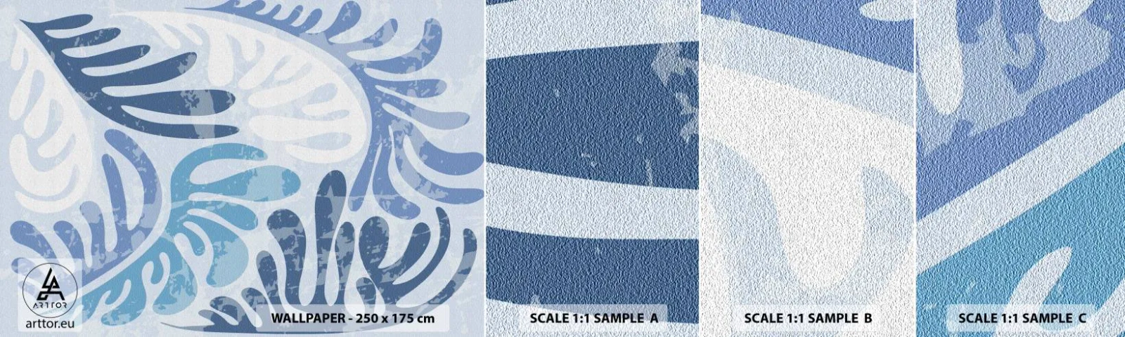 Échantillon de Papier Peint Autocollant Deluxe Sticker - Fougères bleues - Minimalisme, Pastel, Bohème - 100x30 cm