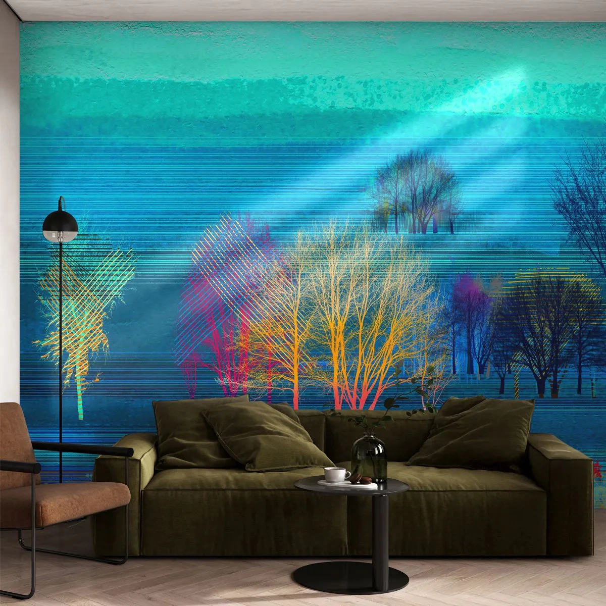 Papier Peint Photo Premium Sand - Paysage abstrait avec des arbres dans des tons froids de bleu. - 100x70cm - Un paysage soigné - Décoration murale moderne pour le salon et la chambre ARTTOR