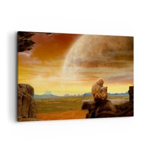 Impression sur toile - Image sur toile - Des singes assis sur un rocher dans un paysage surréaliste avec une planète géante - 120x80cm - L'amour est le même partout - Décoration murale moderne pour le salon et la chambre ARTTOR