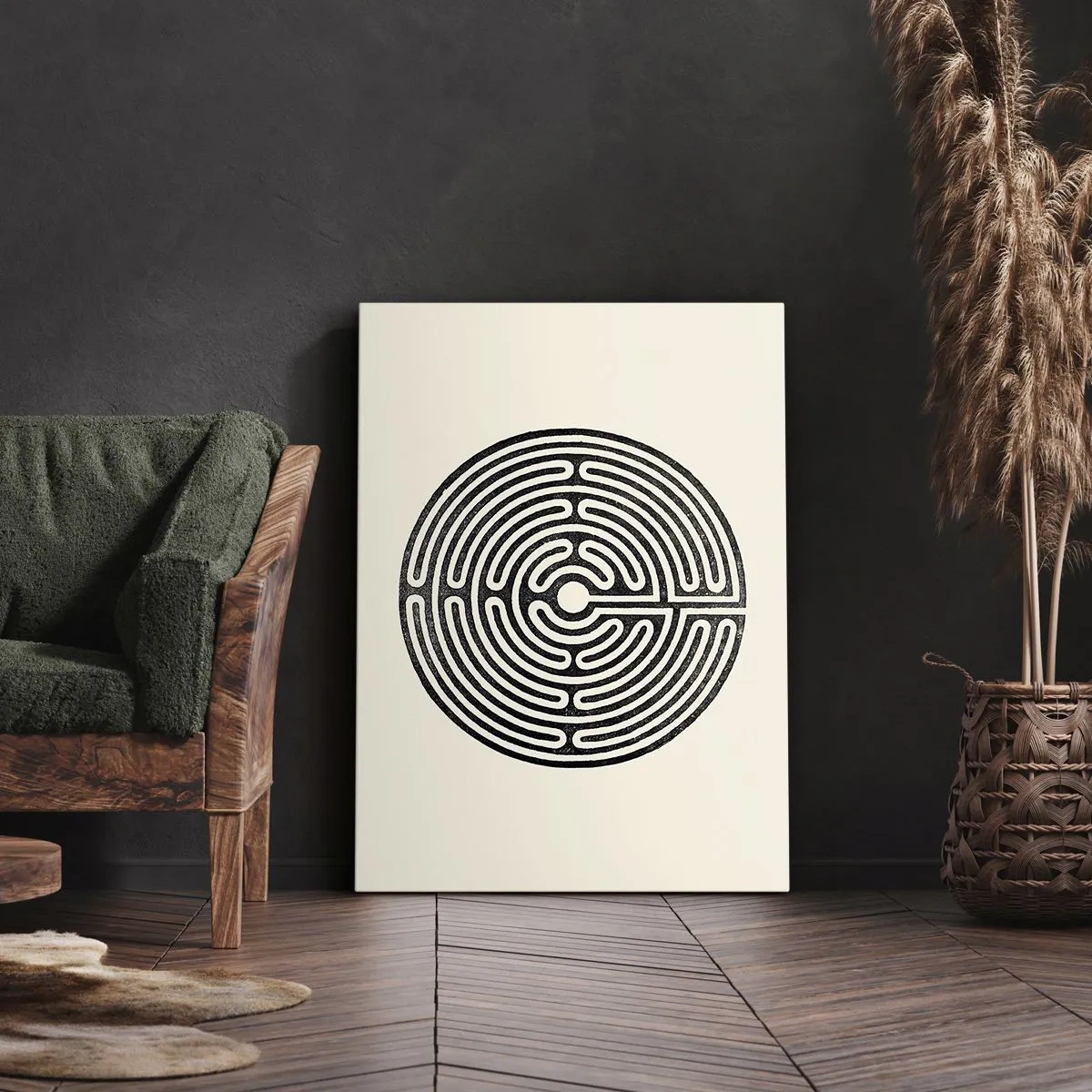 Impression sur toile - Image sur toile - Labyrinthe circulaire noir et blanc sur fond clair - 70x100cm - Ordre mystérieux - Décoration murale moderne pour le salon et la chambre ARTTOR