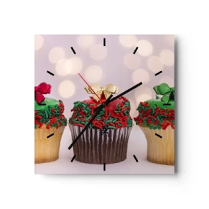 Horloge murale - Pendule murale - Cupcakes de Noël avec des paillettes et des nœuds colorés - 30x30cm - Une sucrerie après la cocarde - Décoration murale moderne pour le salon et la chambre ARTTOR