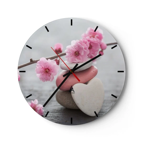 Horloge murale - Pendule murale - Fleurs de cerisier roses sur une branche avec des pierres décoratives - 30x30cm - Le bonheur avec une fleur de cerisier - Décoration murale moderne pour le salon, la cuisine et la chambre ARTTOR