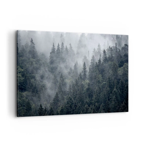 Impression sur toile - Image sur toile - Forêt de conifères brumeuse aux tons gris et verts - 100x70cm - Aube de la forêt - Décoration murale moderne pour le salon et la chambre ARTTOR