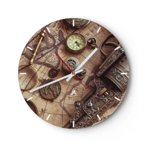 Horloge murale - Pendule murale - Une carte stylisée avec une boussole, des pièces de monnaie et des armes ornées. - 30x30cm - L'aventure appelle - Décoration murale moderne pour le salon, la cuisine et la chambre ARTTOR
