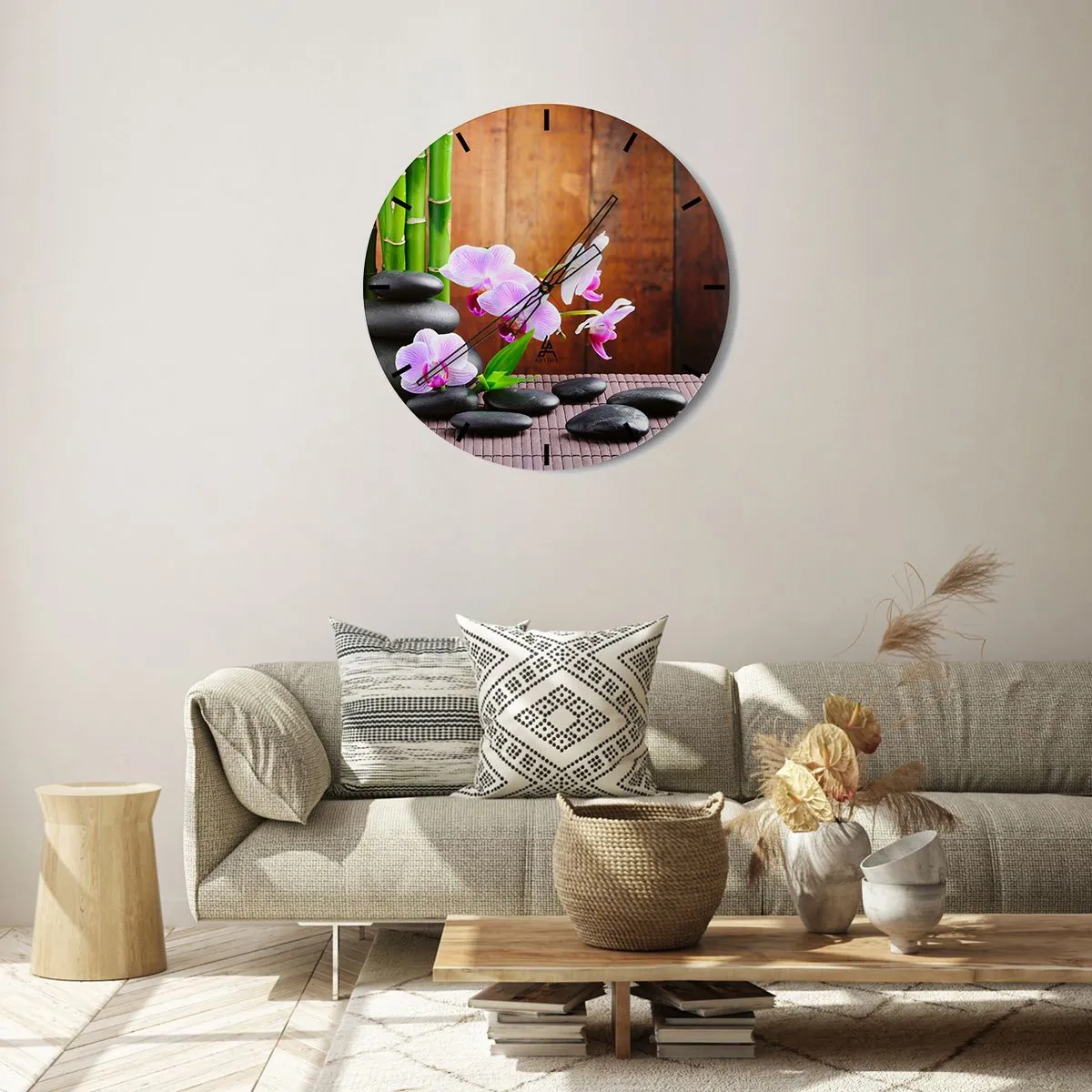 Horloge murale - Pendule murale - Orchidées violettes avec bambou et pierres - 30x30cm - Rencontrez les plaisirs de l'est - Décoration murale moderne pour le salon, la cuisine et la chambre ARTTOR
