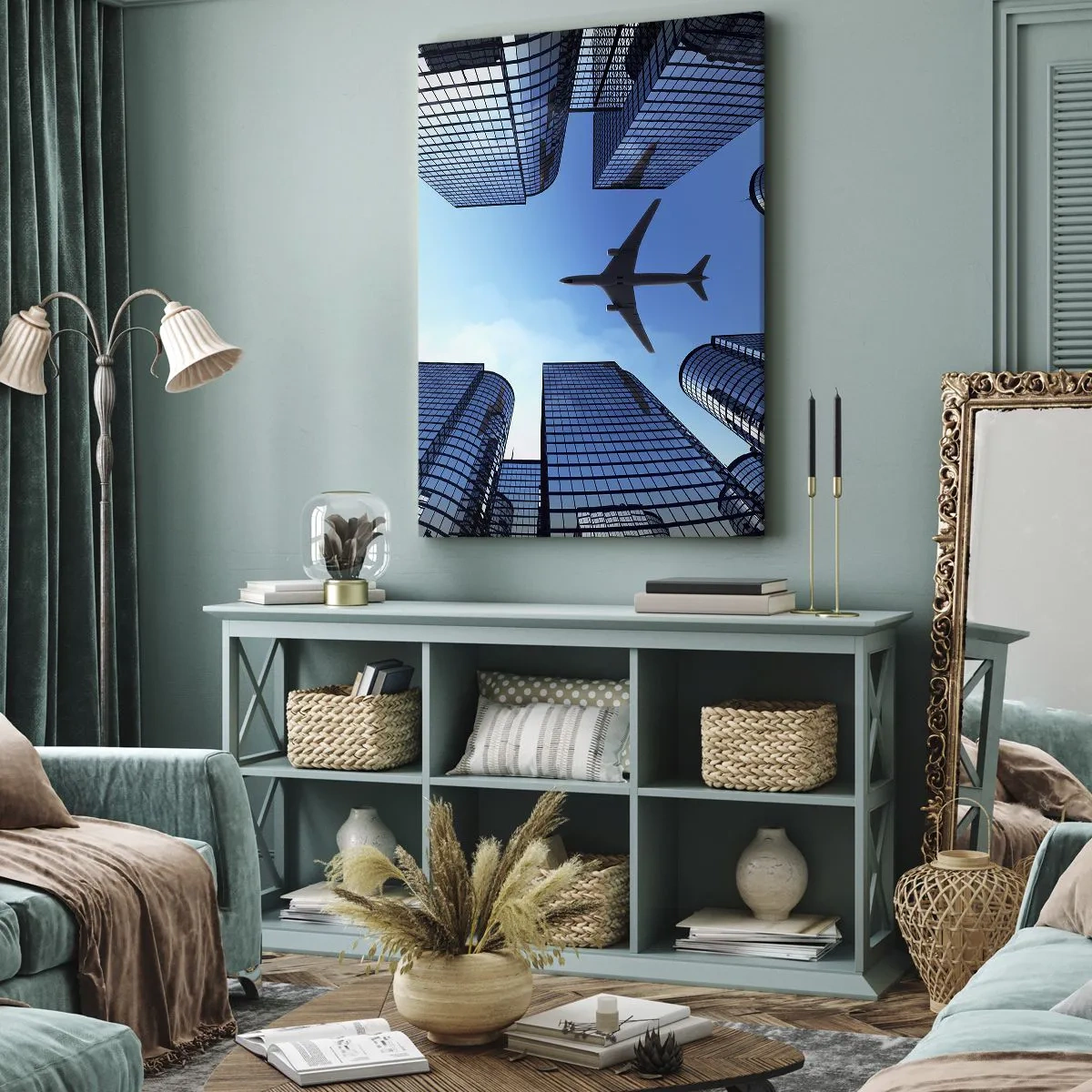 Impression sur toile - Image sur toile - Un avion survolant des gratte-ciels modernes dans le centre-ville. - 70x100cm - La vue depuis le ravin de verre - Décoration murale moderne pour le salon et la chambre ARTTOR