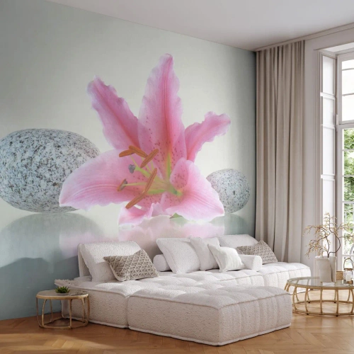 Papier peint sur mesure Premium Canvas - Étude de rose, gris et blanc - Fleurs, Lis, Des pierres