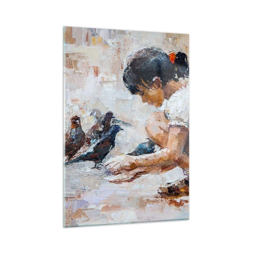 Impression sur verre - Image sur verre - Une fille nourrissant des oiseaux sur un fond impressionniste - 50x70cm - Les plus petits et les plus gentils - Décoration murale moderne pour le salon et la chambre ARTTOR