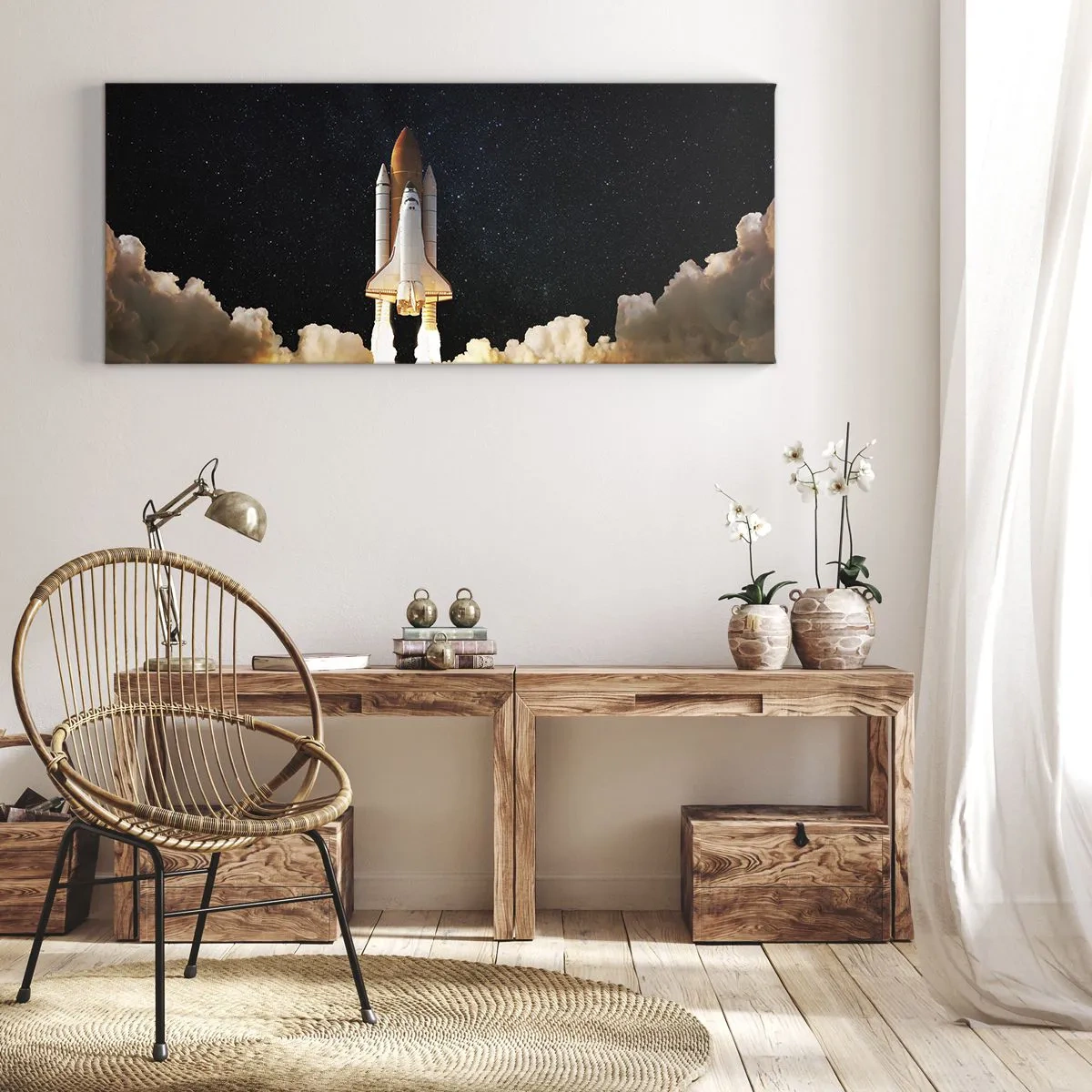 Impression sur toile - Image sur toile - Une fusée spatiale décollant dans le ciel étoilé - 140x50cm - Ad astra! - Décoration murale moderne pour le salon et la chambre ARTTOR