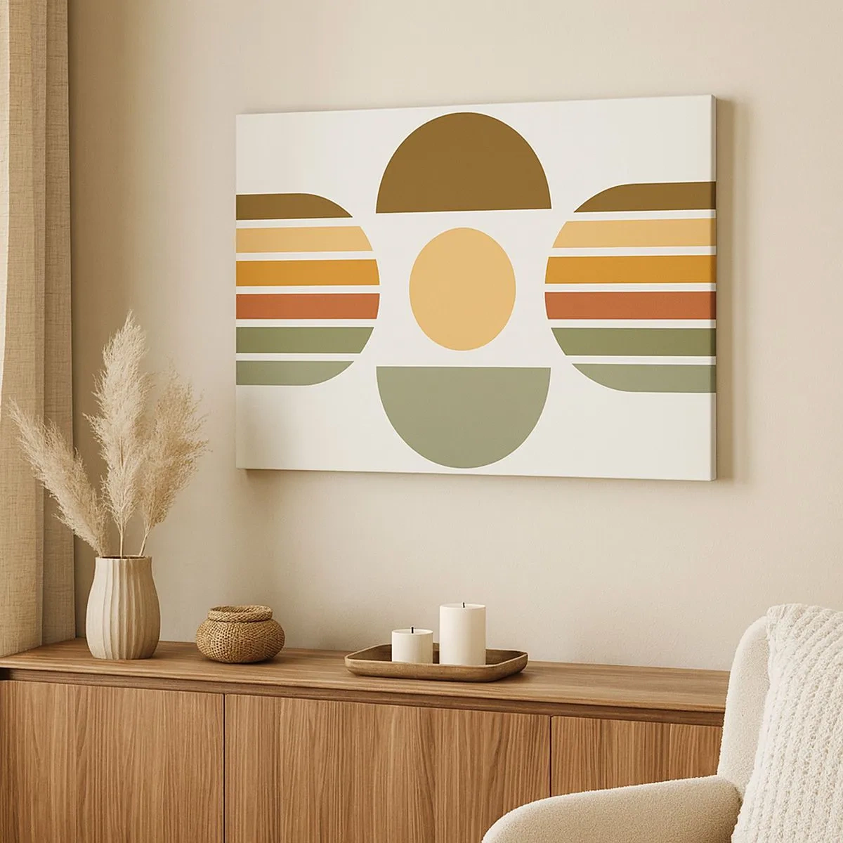 Impression sur toile - Image sur toile - Composition géométrique avec des demi-cercles et des rayures dans des tons terreux - 70x50cm - Dans les coulaurs de la terre - Décoration murale moderne pour le salon et la chambre ARTTOR