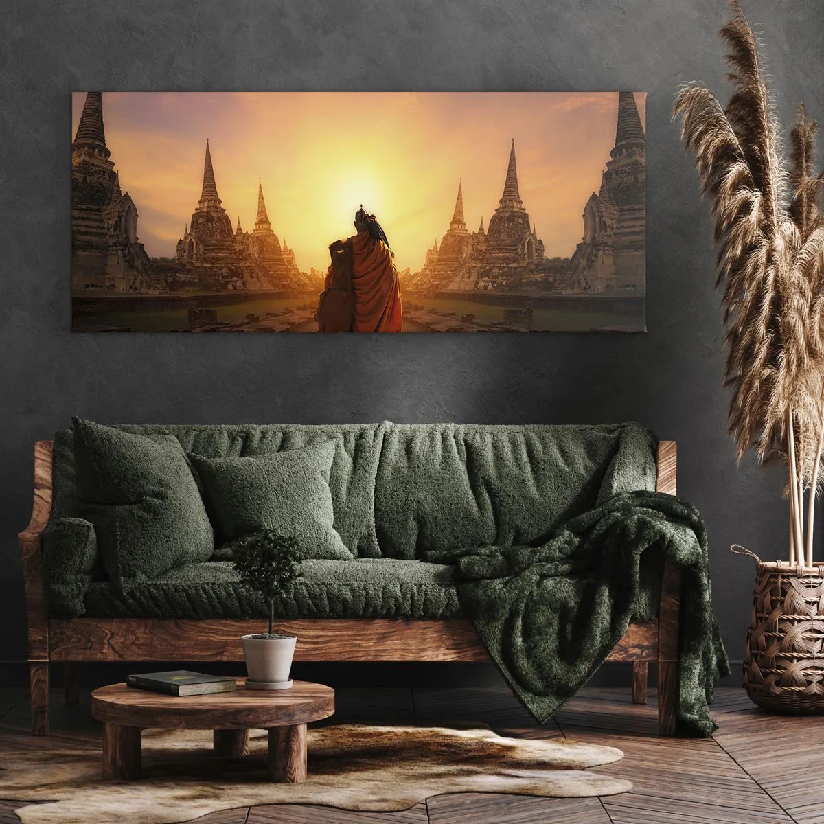 Impression sur toile - Image sur toile - Un moine parmi les temples au coucher du soleil - 160x50cm - En paix pour l'éternité - Décoration murale moderne pour le salon et la chambre ARTTOR