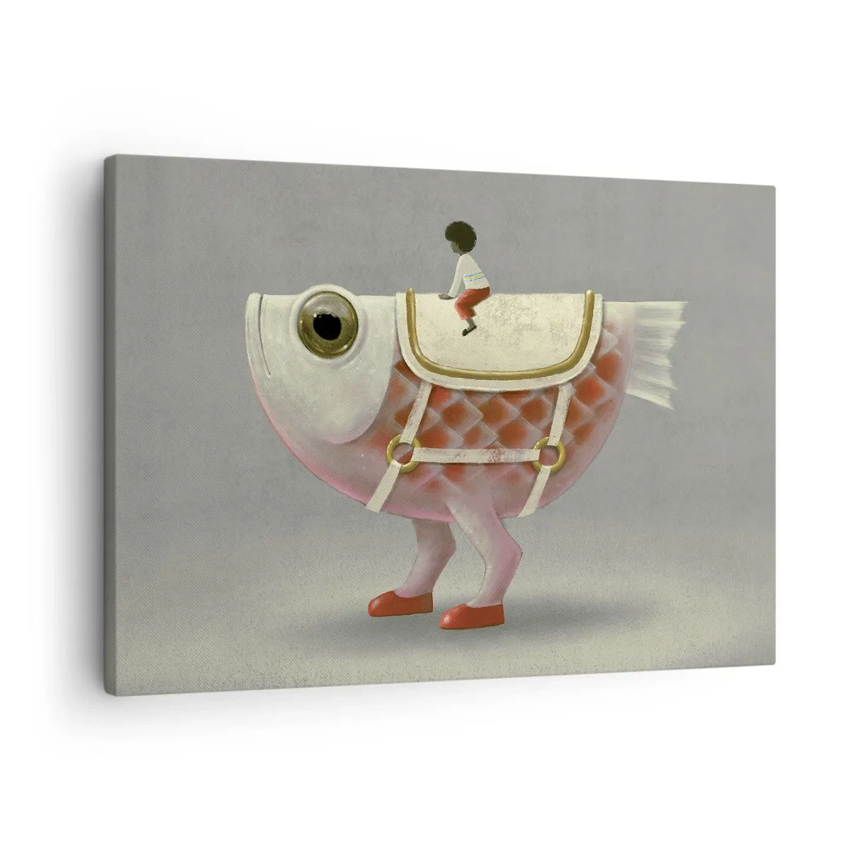 Impression sur toile - Image sur toile - Un cavalier de poisson fantaisie avec des jambes et une selle - 70x50cm - Le cavalier poisson - Décoration murale moderne pour le salon et la chambre ARTTOR