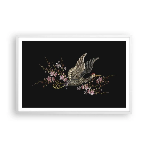 Affiche dans un cadre blanc - Poster - Oiseau brodé exotique - 91x61 cm