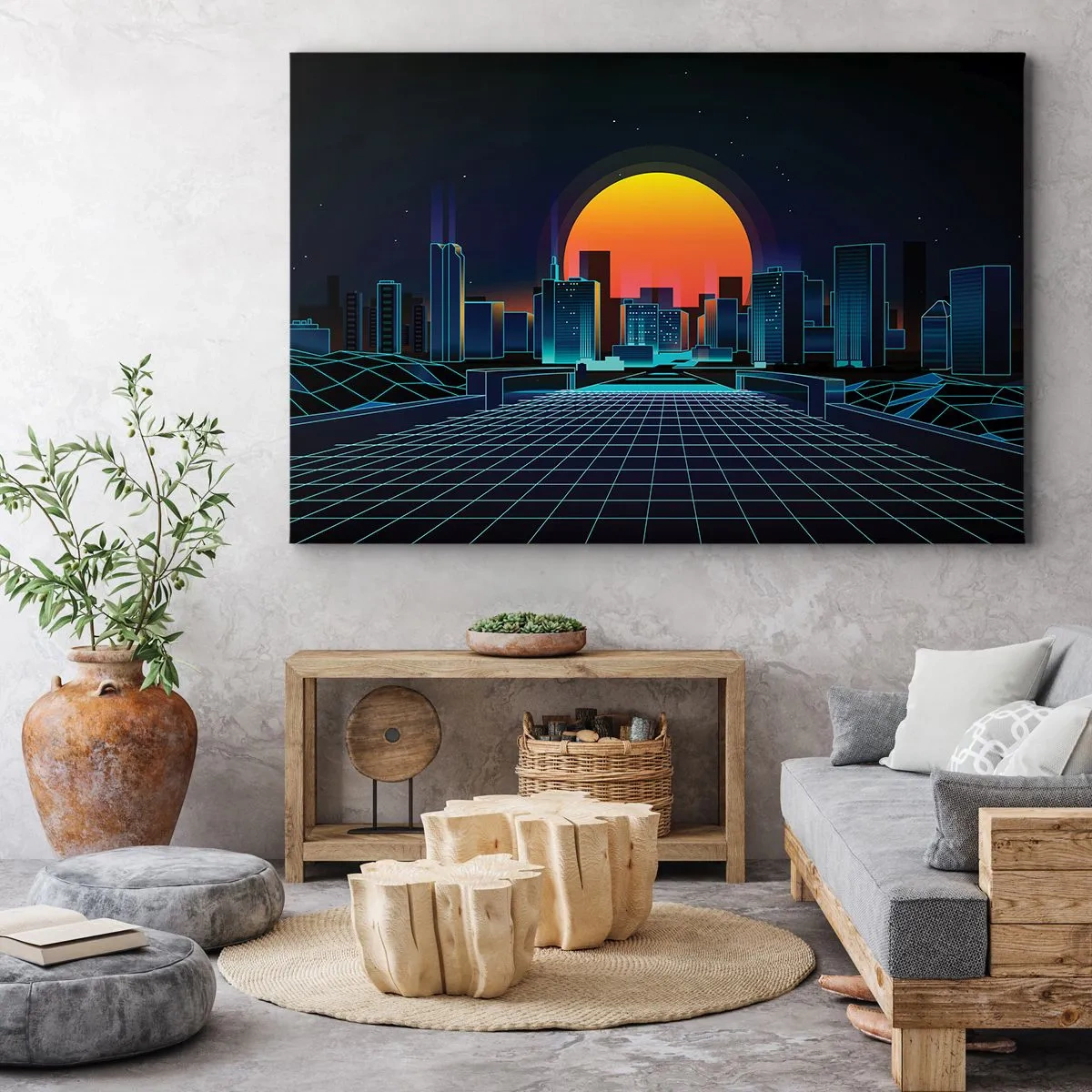 Impression sur toile - Image sur toile - Horizon urbain futuriste de style néon - 100x70cm - Vous voulez toujours passer au réel ? - Décoration murale moderne pour le salon et la chambre ARTTOR