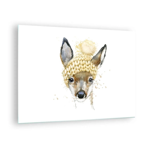 Impression sur verre - Image sur verre - Un chevreuil dans un bonnet en laine avec un pompon - 70x50cm - Pour l'hiver dans la forêt enneigée - Décoration murale moderne pour le salon et la chambre ARTTOR