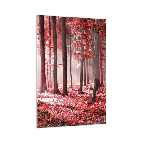 Impression sur verre - Image sur verre - Une forêt époustouflante aux teintes rouges avec des rayons de lumière pénétrant à travers les arbres - 80x120cm - Le rouge est tout aussi beau - Décoration murale moderne pour le salon et la chambre ARTTOR