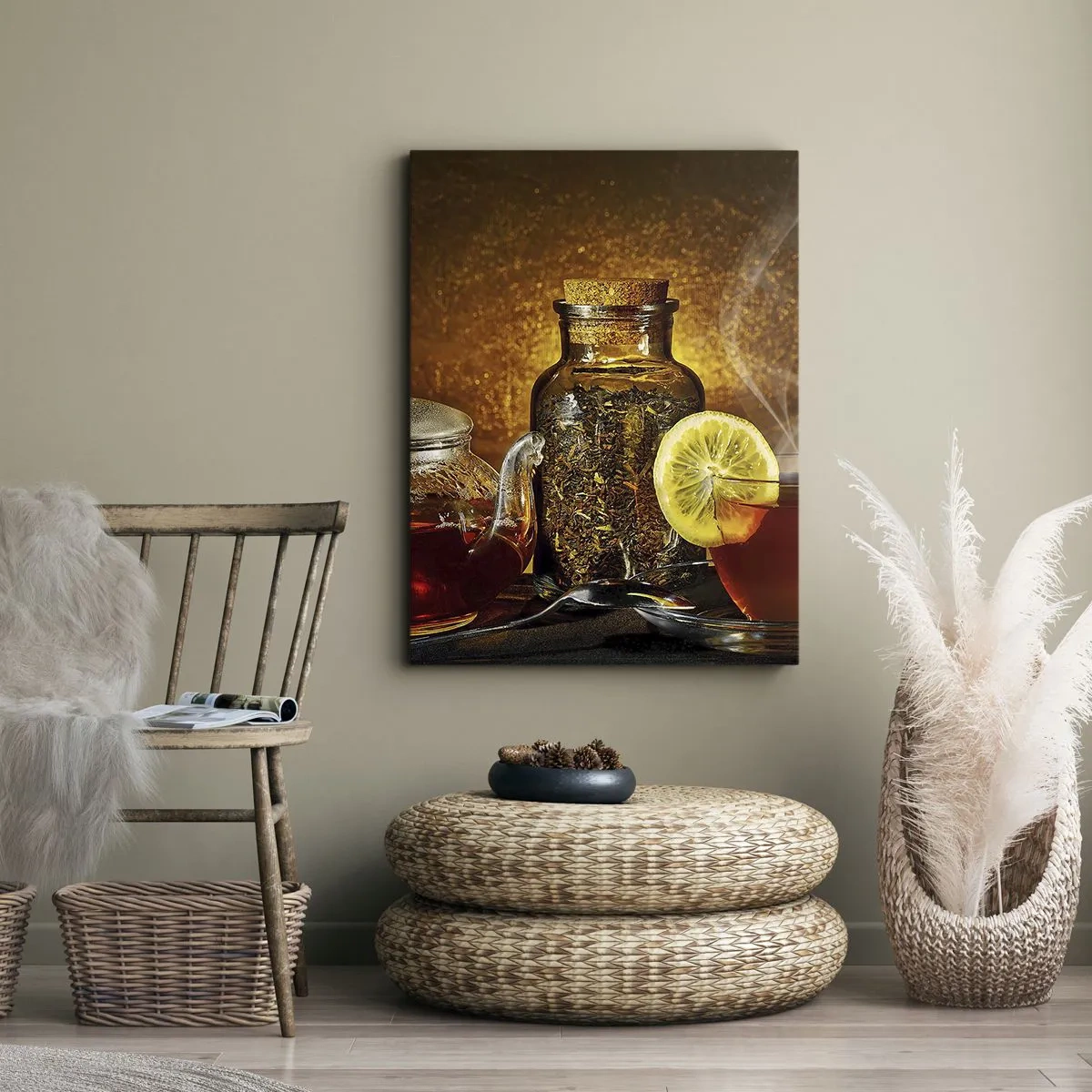 Impression sur toile - Image sur toile - Thé dans une carafe en verre avec du citron et du thé en vrac - 70x100cm - Dans le style des maîtres hollandais - Décoration murale moderne pour le salon et la chambre ARTTOR