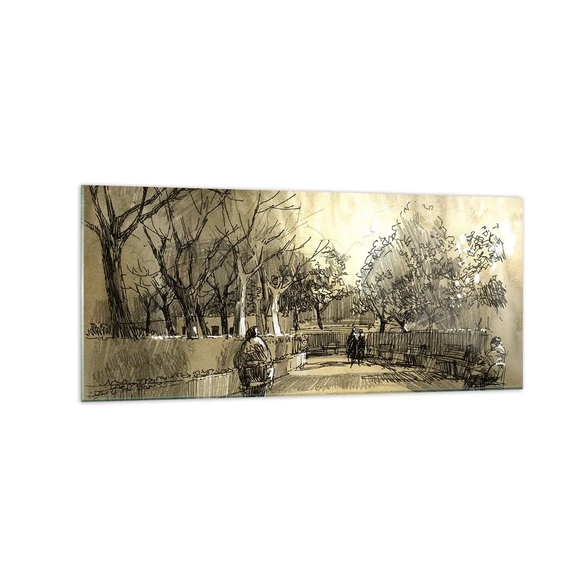 Impression sur verre - Image sur verre - Une scène de dessin animé d'un parc avec des gens marchant dans des tons chauds. - 120x50cm - Un moment arrêté avec une plume - Décoration murale moderne pour le salon et la chambre ARTTOR