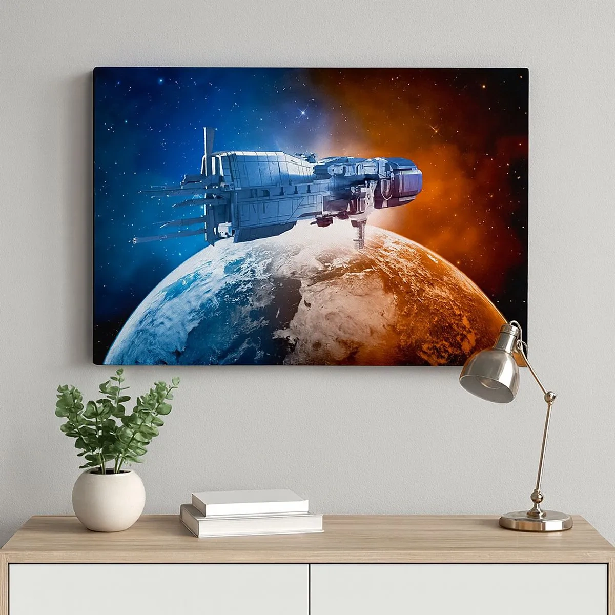Impression sur toile - Image sur toile - Un vaisseau spatial avec en arrière-plan une planète dans l'espace - 70x50cm - Un observateur attentif - Décoration murale moderne pour le salon et la chambre ARTTOR
