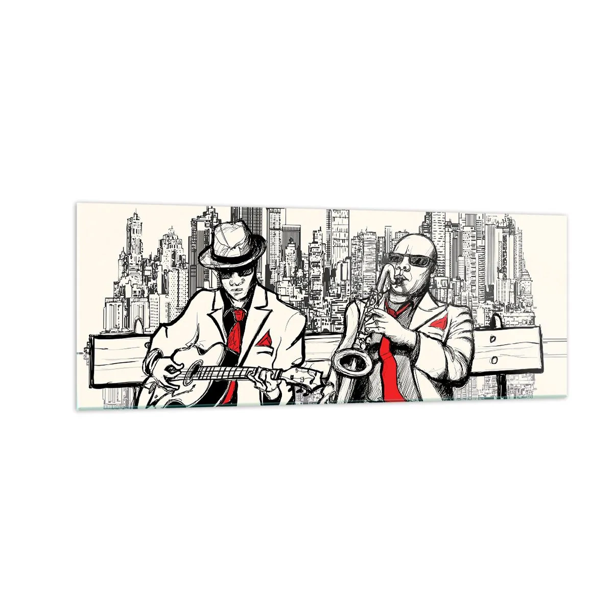 Impression sur verre - Image sur verre - Un duo de jazz avec saxophone et guitare sur fond de ville - 140x50cm - improvisation new-yorkaise - Décoration murale moderne pour le salon et la chambre ARTTOR